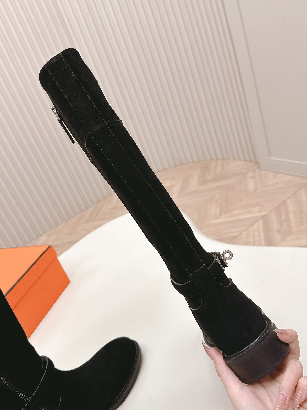 Hermes Knee High Boots in Black Suede with Silver Buckle