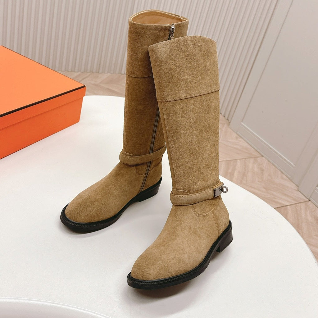 Hermes Knee High Boots in Cider Brown Suede with Silver Buckle