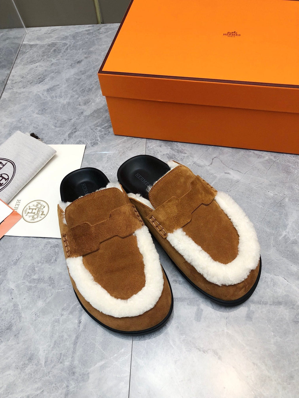 Hermes Go Mule in Bronze Brown Suede Attach White Fleece