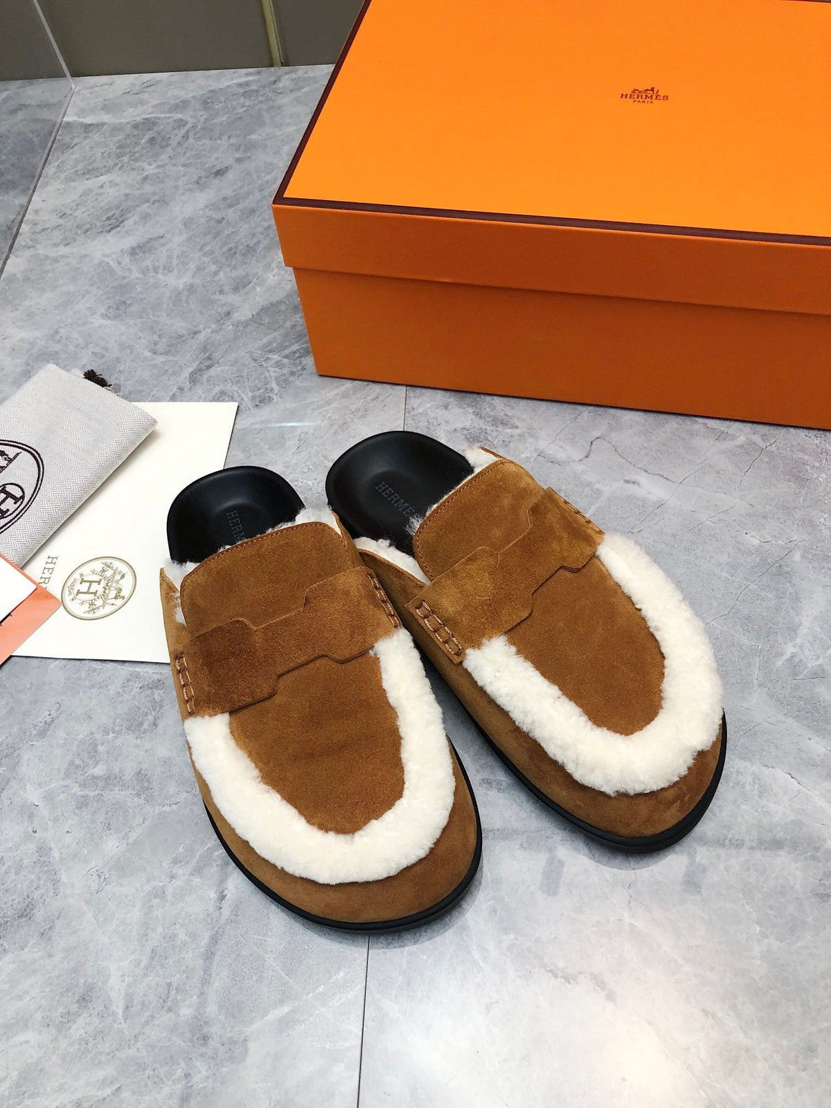 Hermes Go Mule in Bronze Brown Suede Attach White Fleece