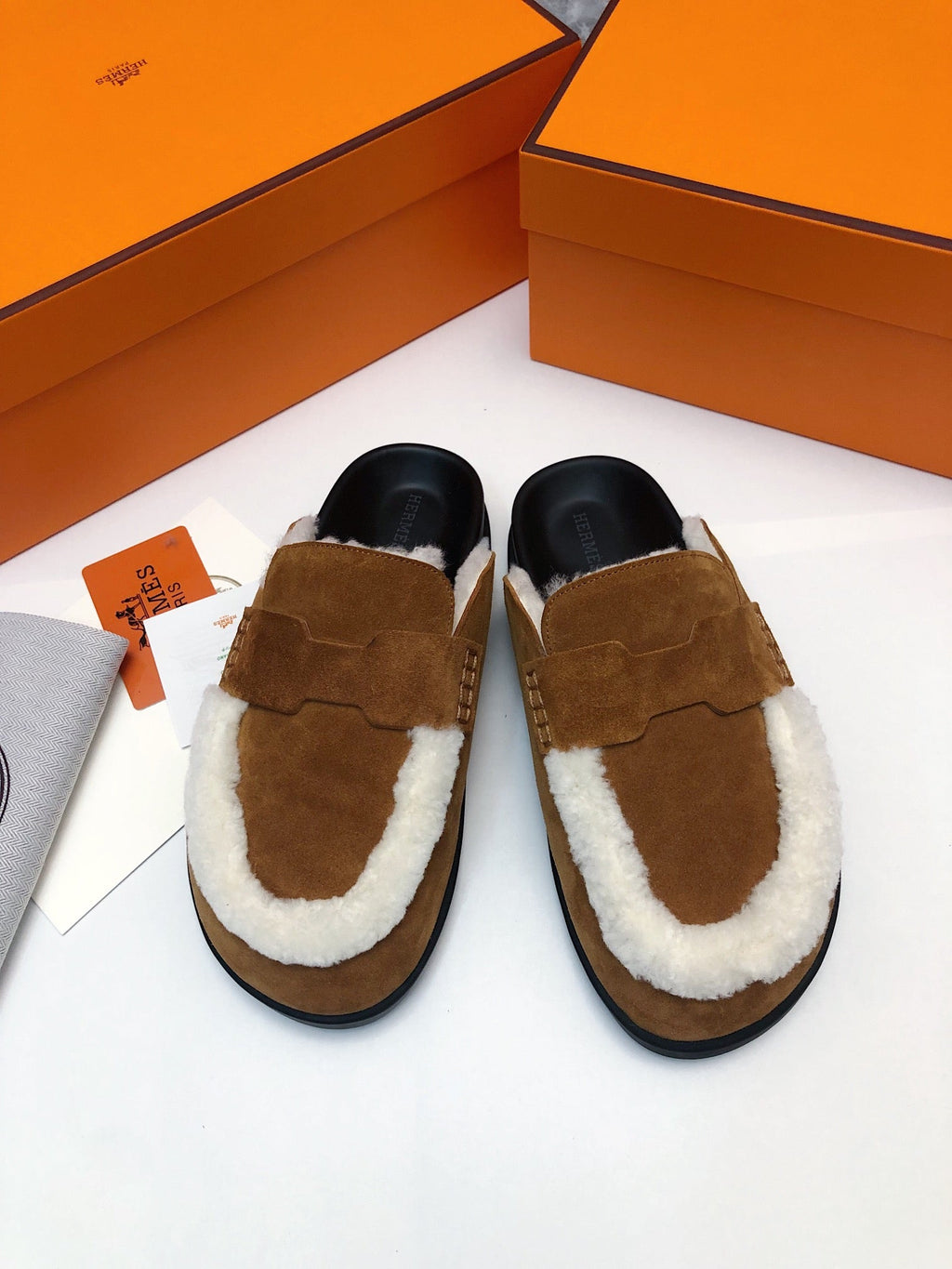 Hermes Go Mule in Bronze Brown Suede Attach White Fleece