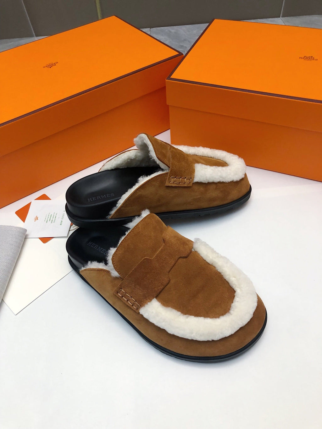 Hermes Go Mule in Bronze Brown Suede Attach White Fleece