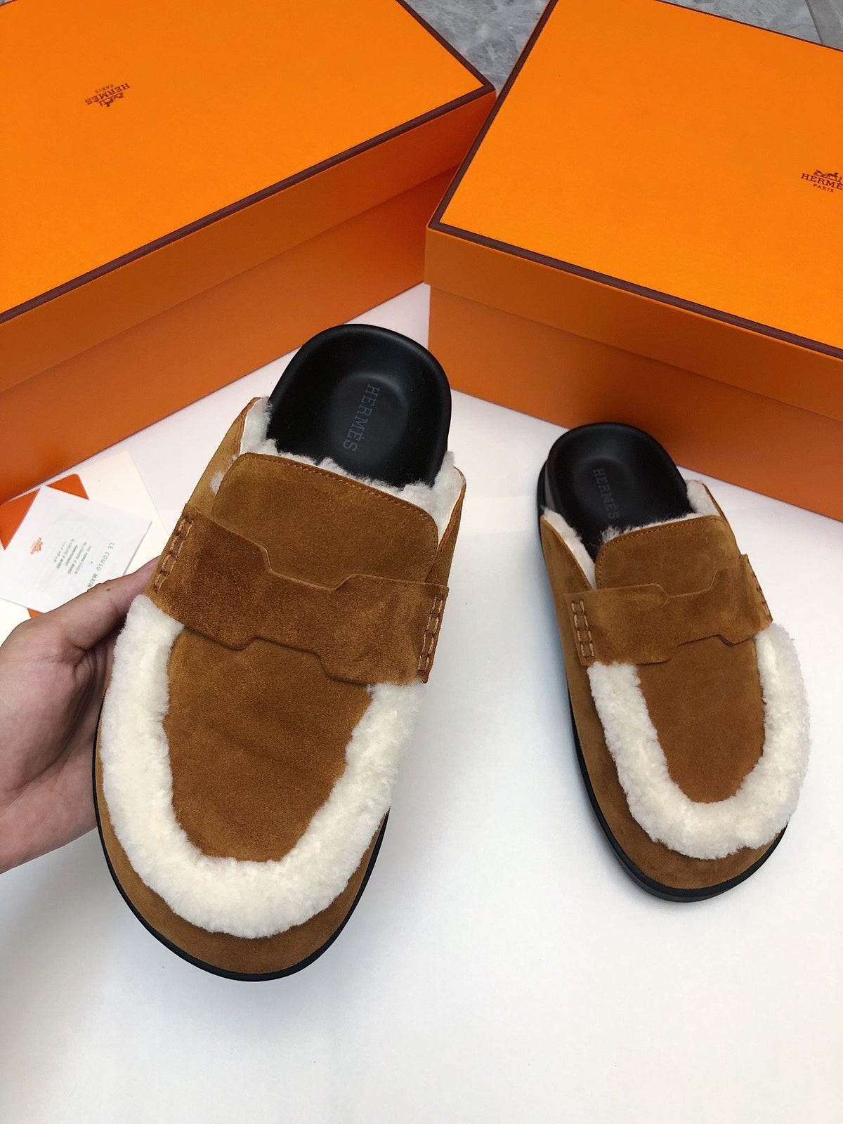 Hermes Go Mule in Bronze Brown Suede Attach White Fleece