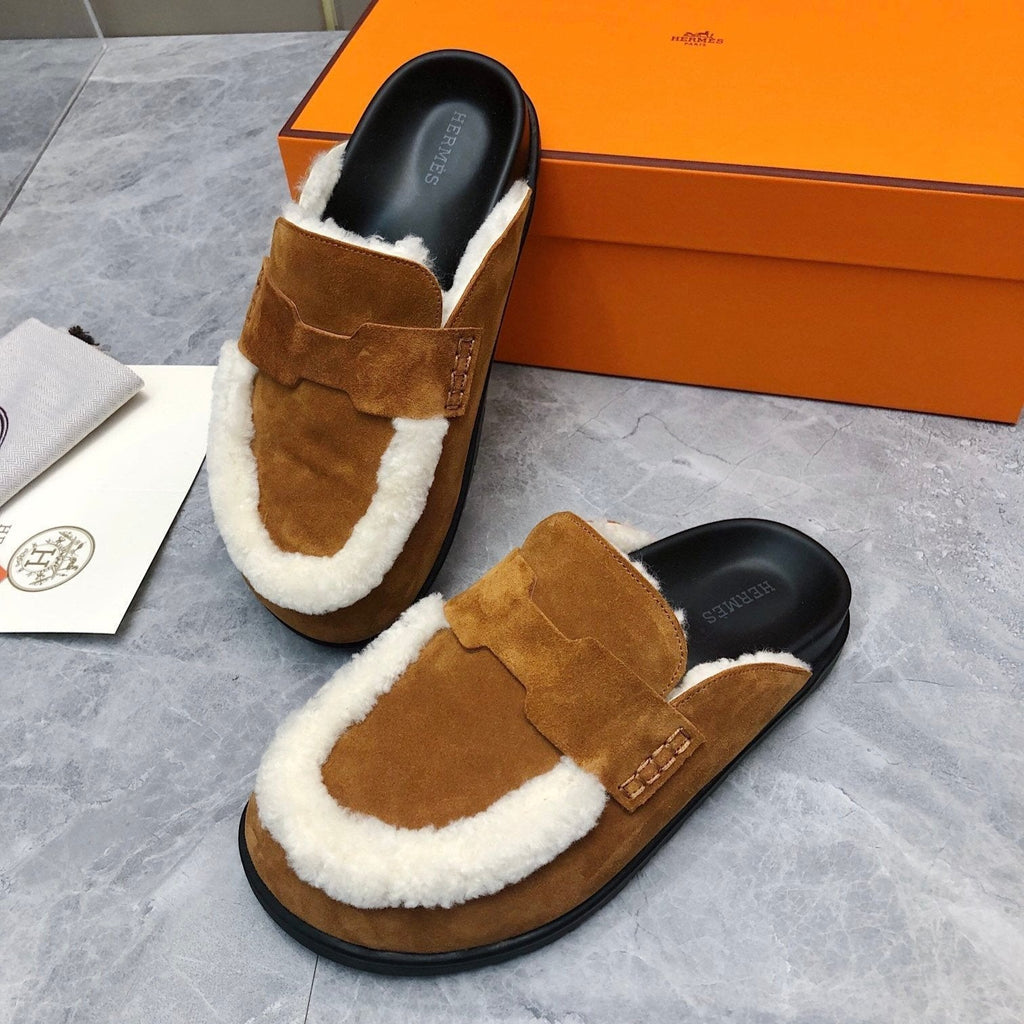 Hermes Go Mule in Bronze Brown Suede Attach White Fleece