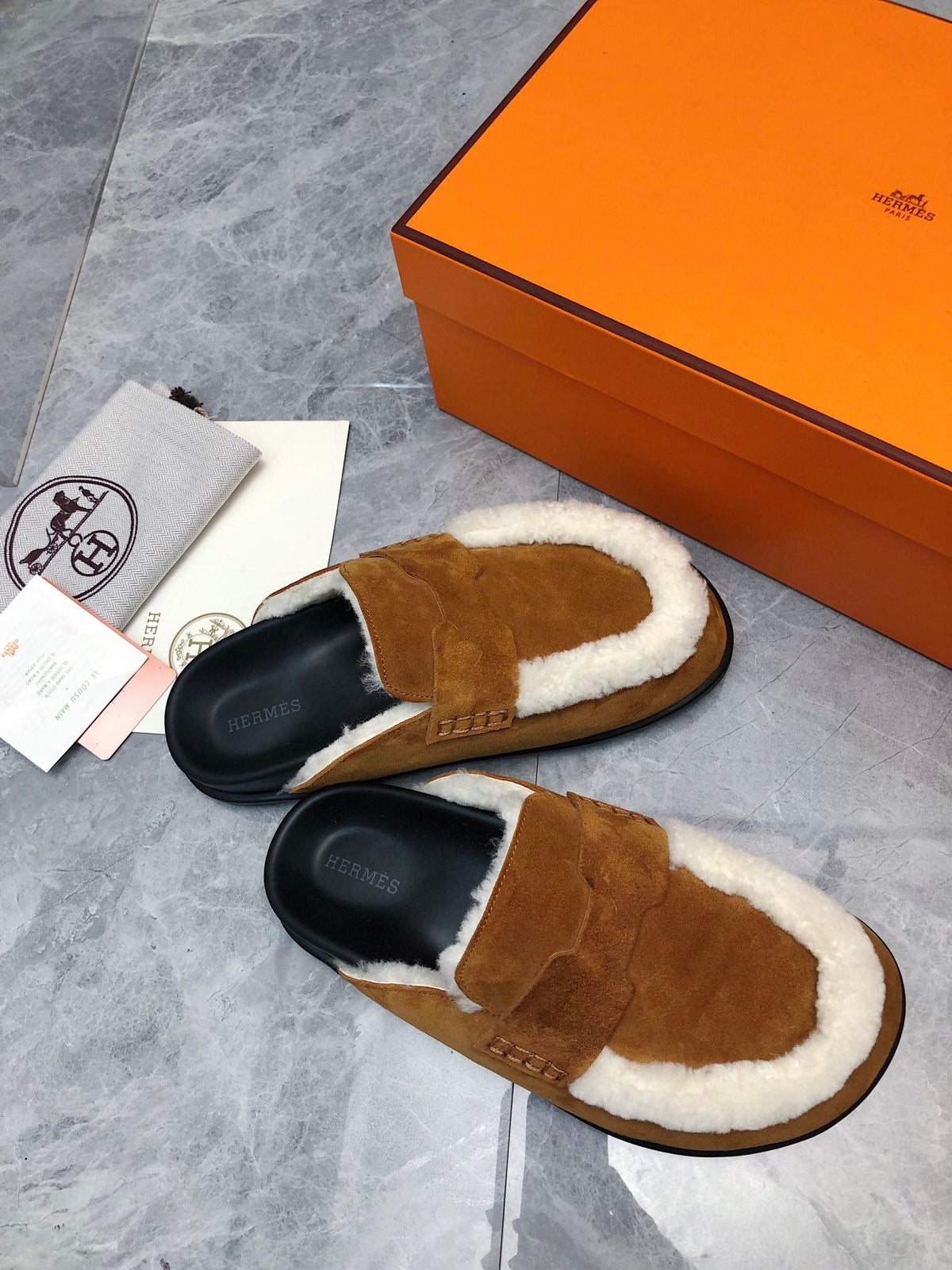 Hermes Go Mule in Bronze Brown Suede Attach White Fleece