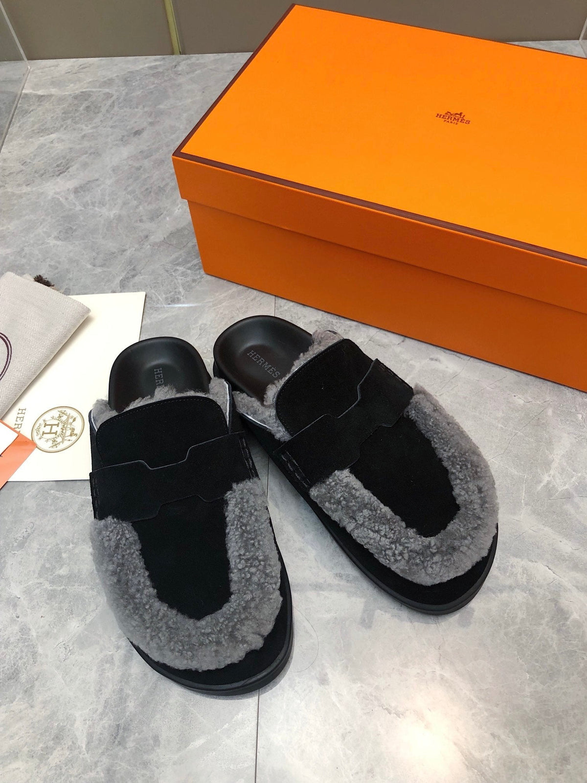 Hermes Go Mule in Black Suede Attach Light Gray Fleece