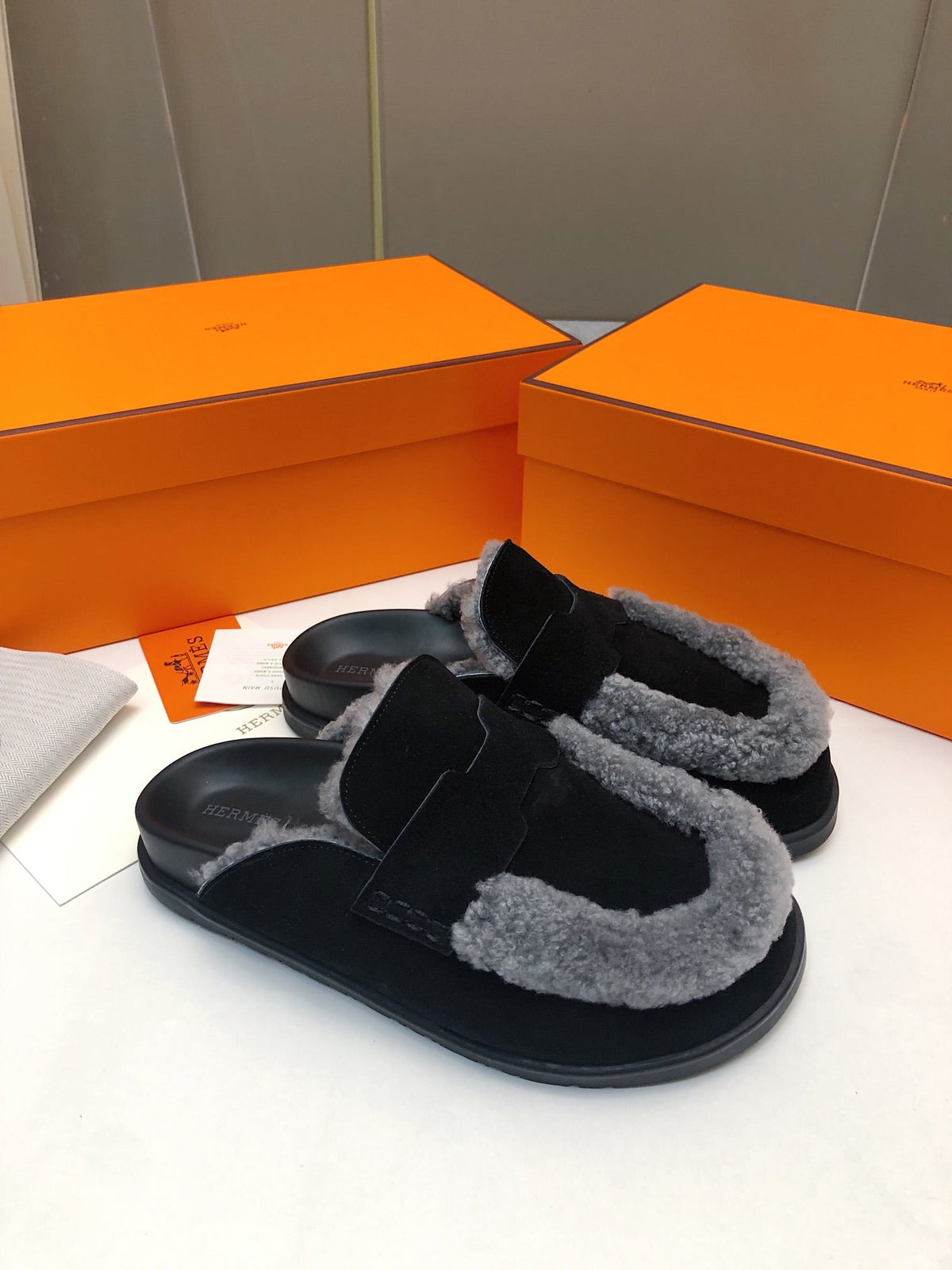 Hermes Go Mule in Black Suede Attach Light Gray Fleece