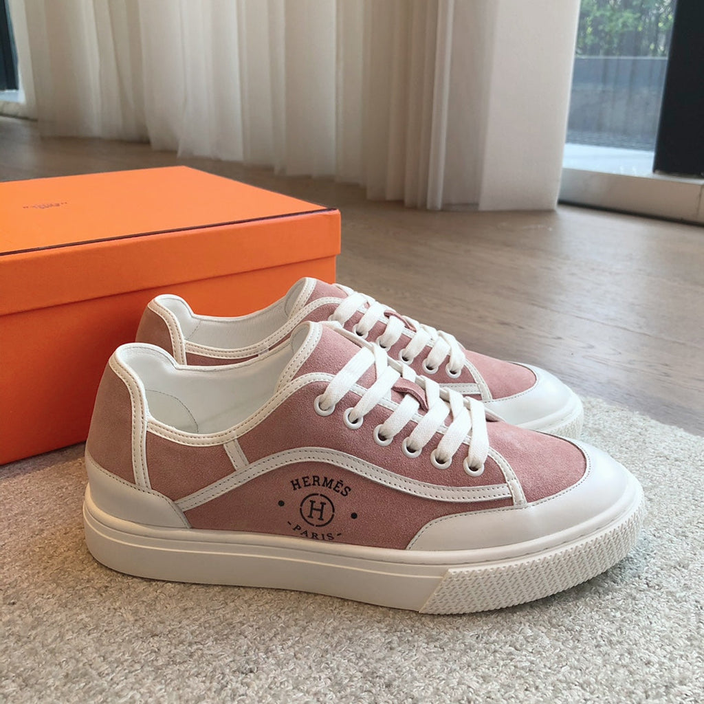 Hermes Get Sneaker White Calfskin and Pink Suede