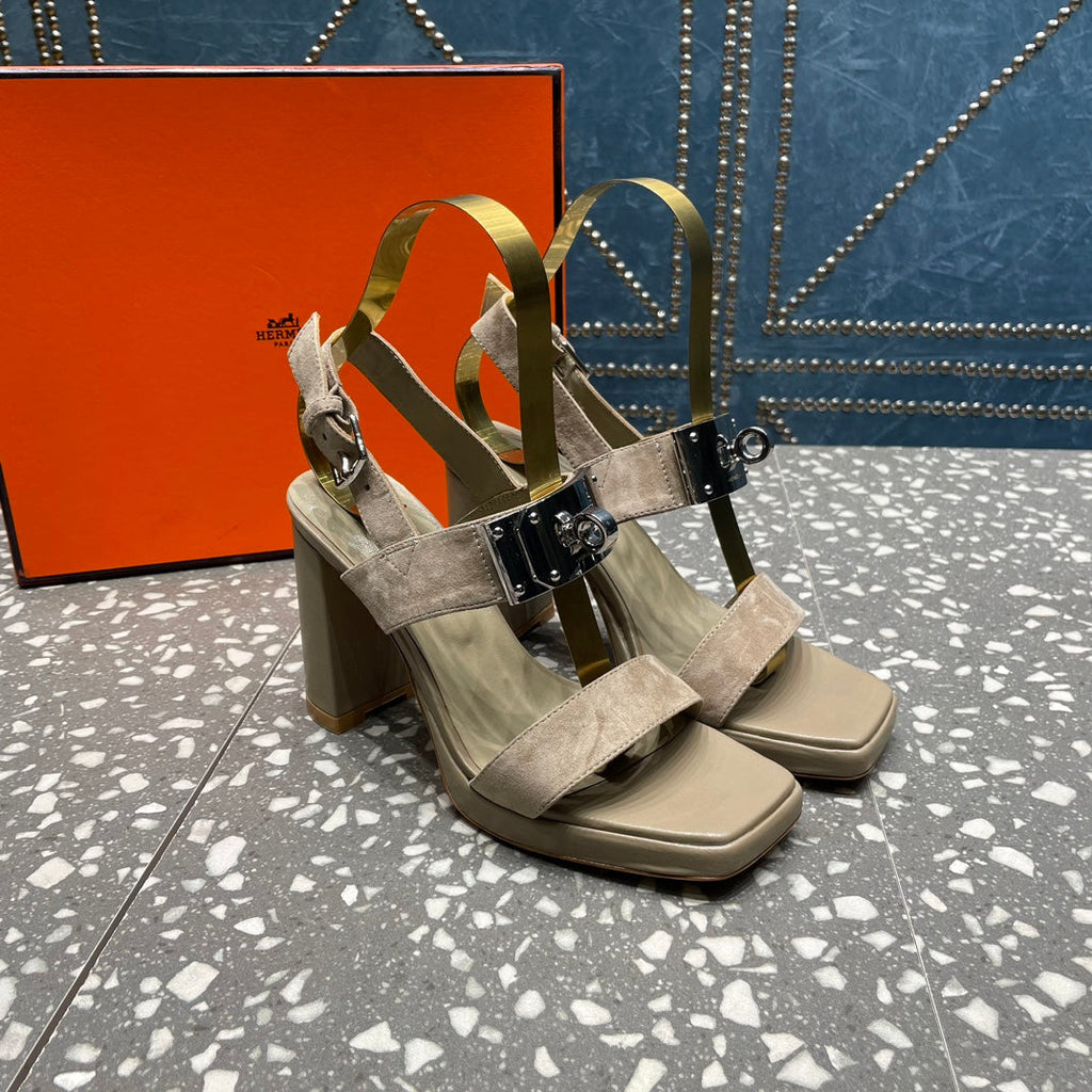 Hermes Ilona Sandal 95 Light Gray Suede