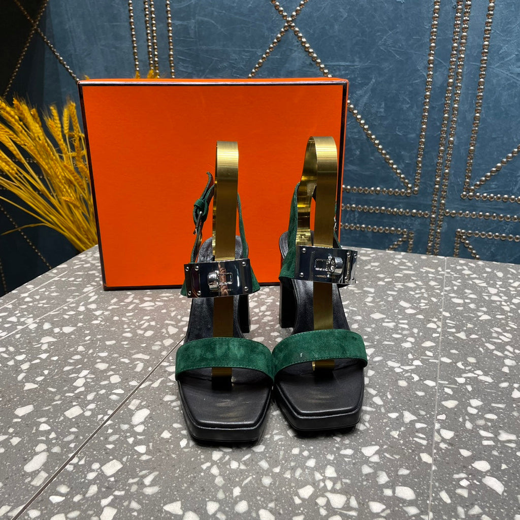 Hermes Ilona Sandal 95 Dark Green Suede