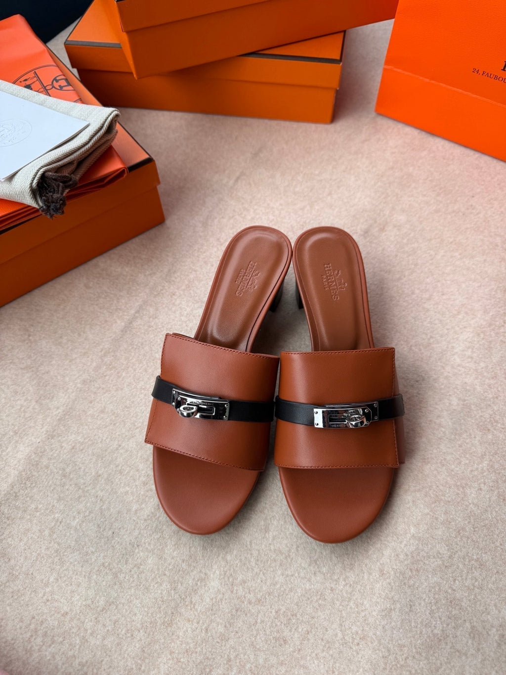 Hermes High Mules in Bronze Brown Mix Black Calfskin