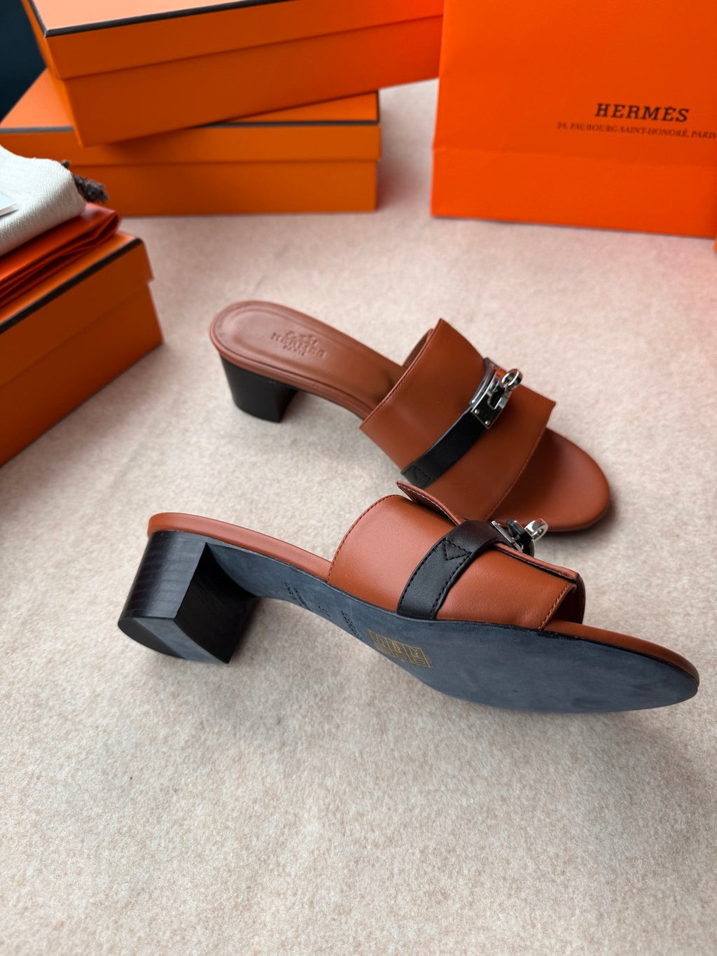 Hermes High Mules in Bronze Brown Mix Black Calfskin