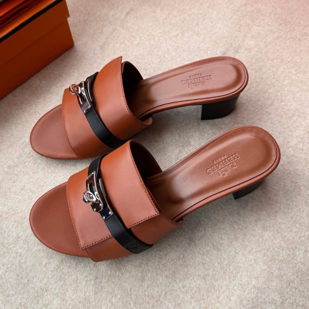 Hermes High Mules in Bronze Brown Mix Black Calfskin