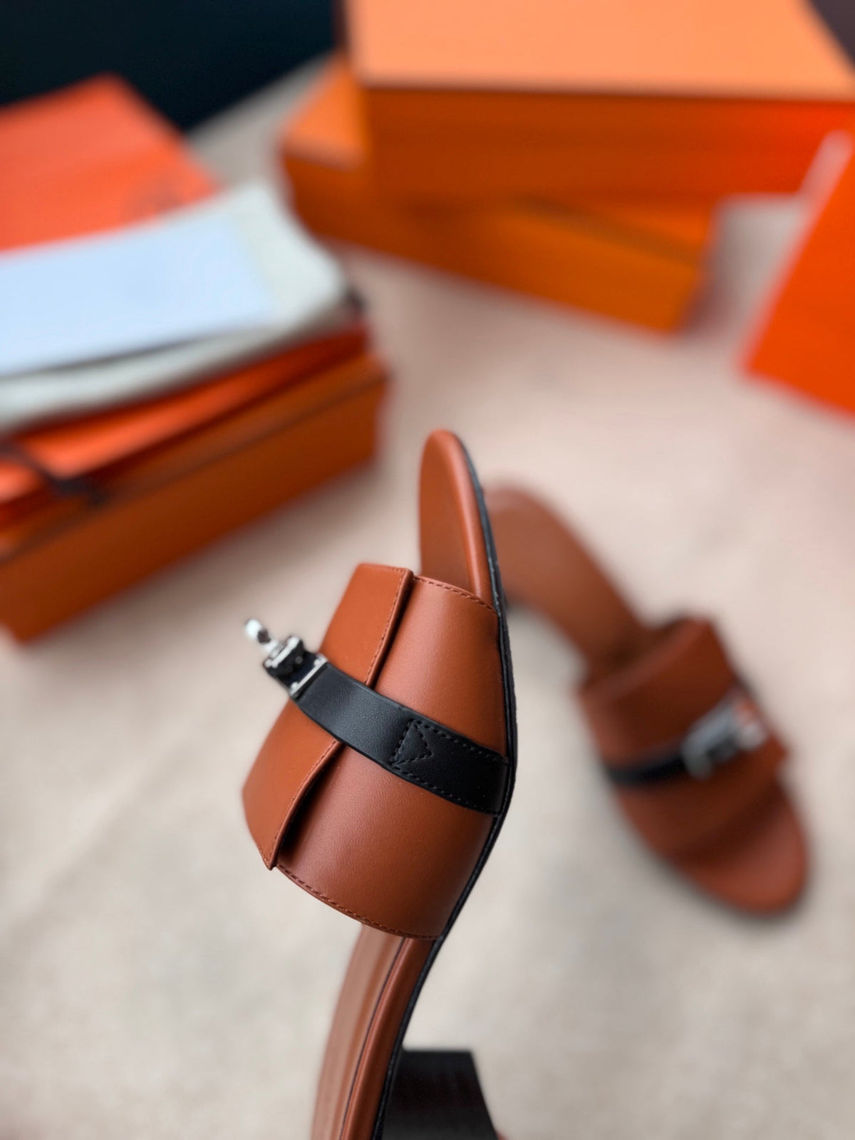 Hermes High Mules in Bronze Brown Mix Black Calfskin