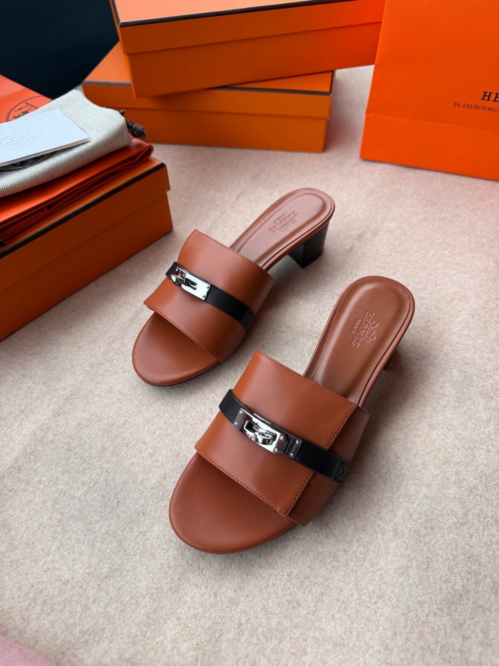 Hermes High Mules in Bronze Brown Mix Black Calfskin