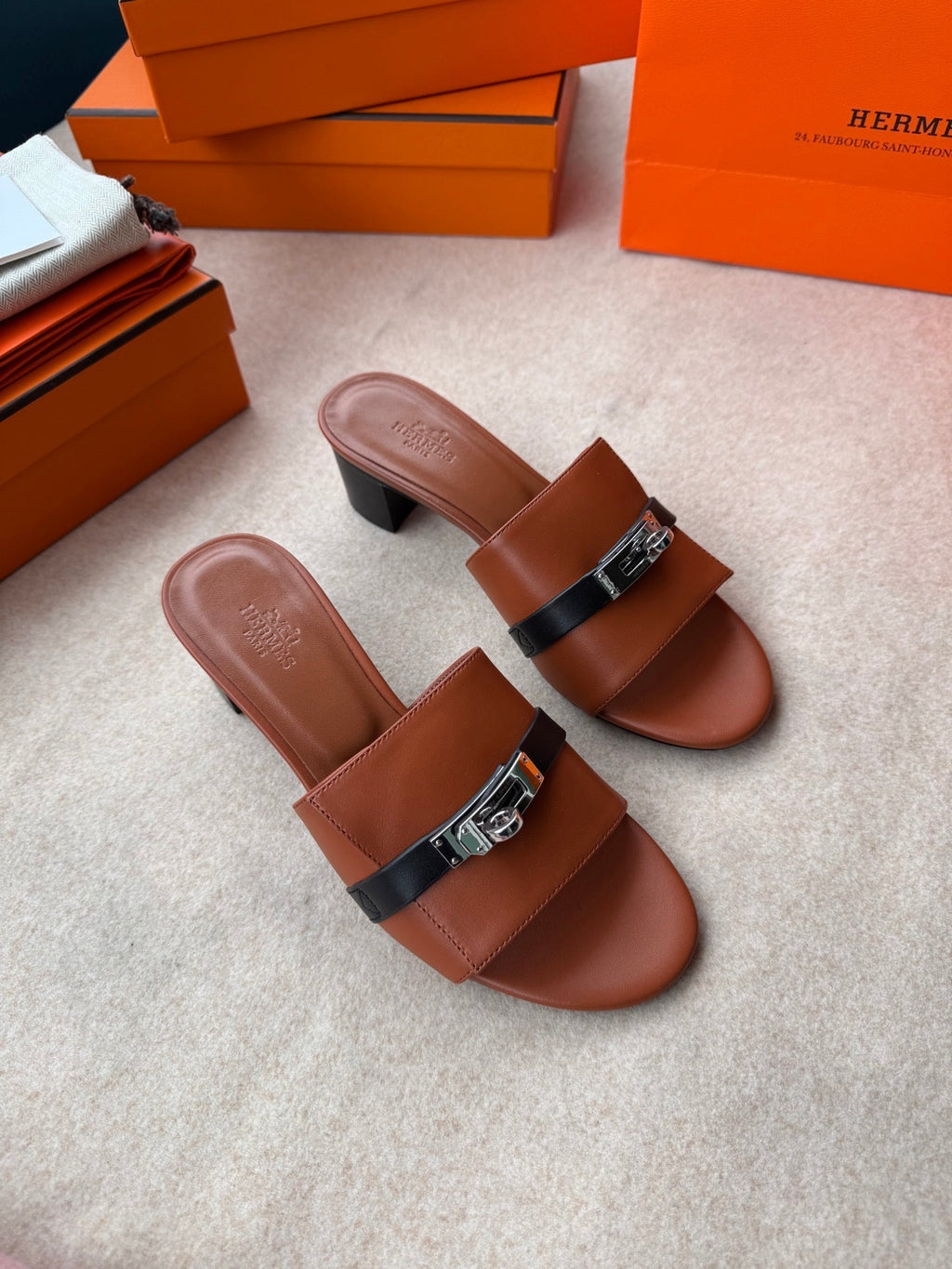 Hermes High Mules in Bronze Brown Mix Black Calfskin