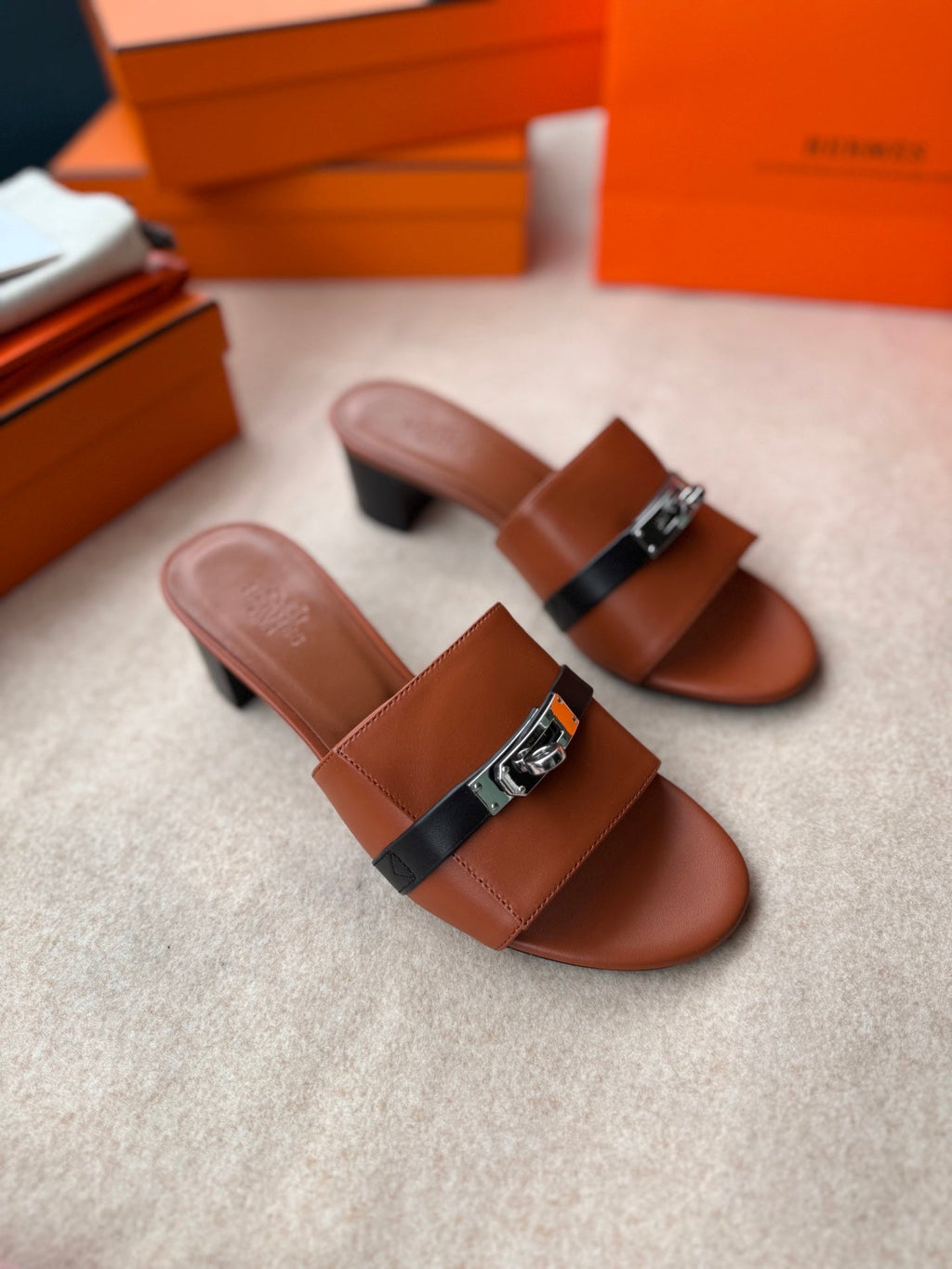 Hermes High Mules in Bronze Brown Mix Black Calfskin