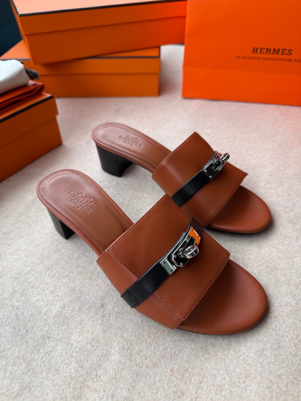 Hermes High Mules in Bronze Brown Mix Black Calfskin