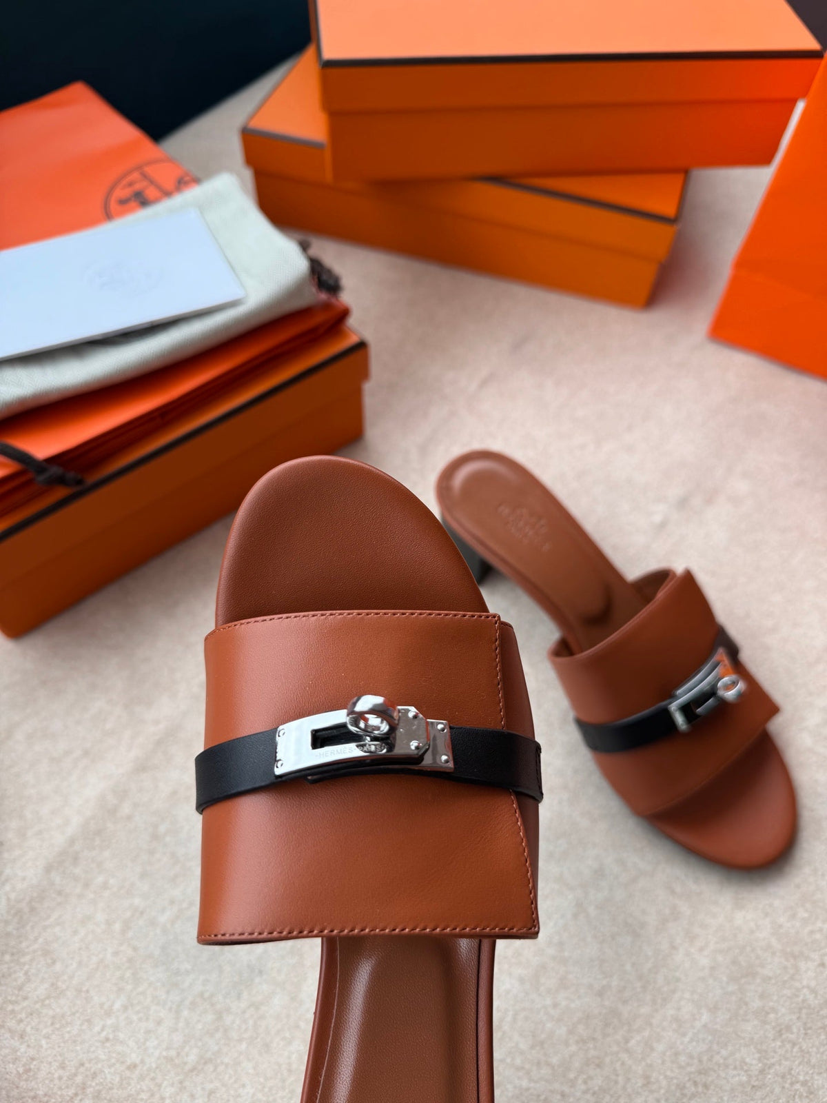 Hermes High Mules in Bronze Brown Mix Black Calfskin