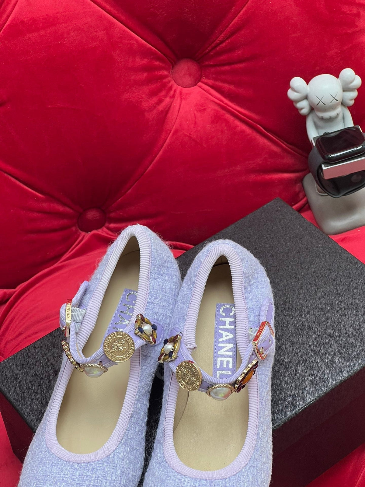 Chanel High Mary Jane Shoes Light Blue Wool Tweed