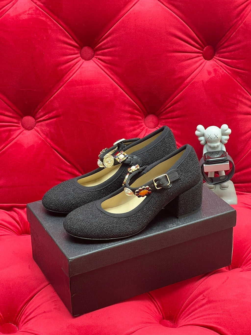 Chanel High Mary Jane Shoes Black Wool Tweed