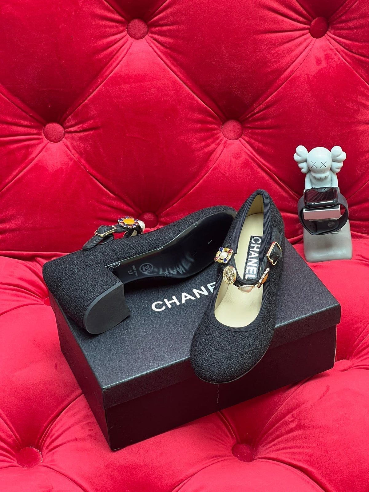 Chanel High Mary Jane Shoes Black Wool Tweed