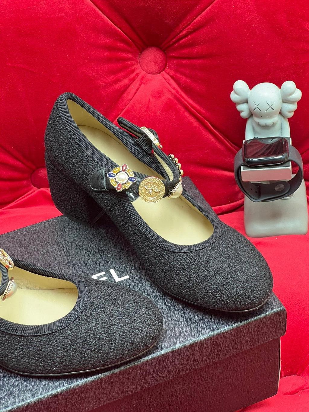 Chanel High Mary Jane Shoes Black Wool Tweed