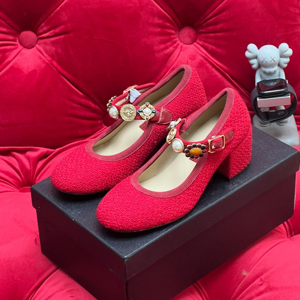 Chanel High Mary Jane Shoes Cherry Red Wool Tweed