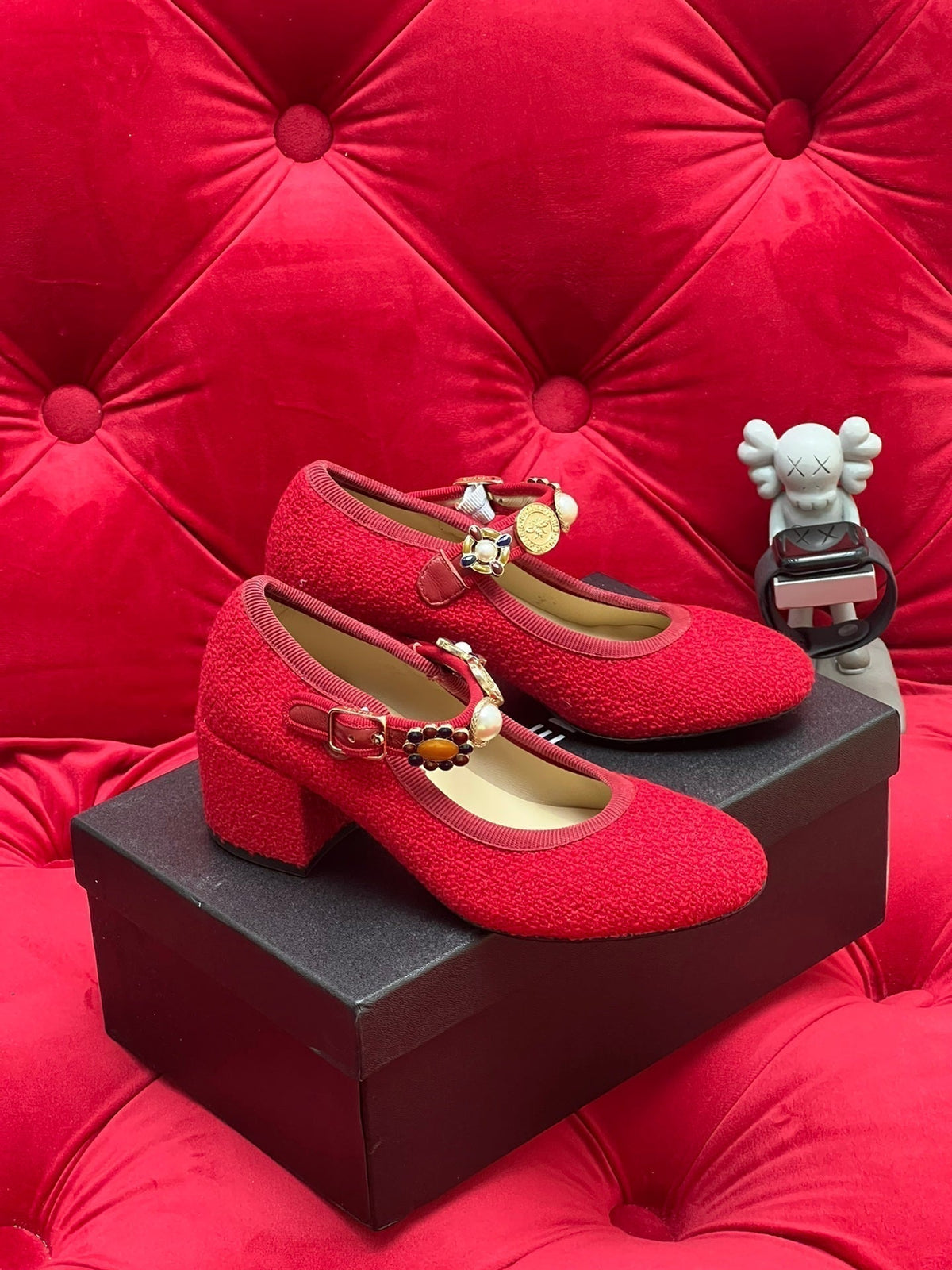 Chanel High Mary Jane Shoes Cherry Red Wool Tweed