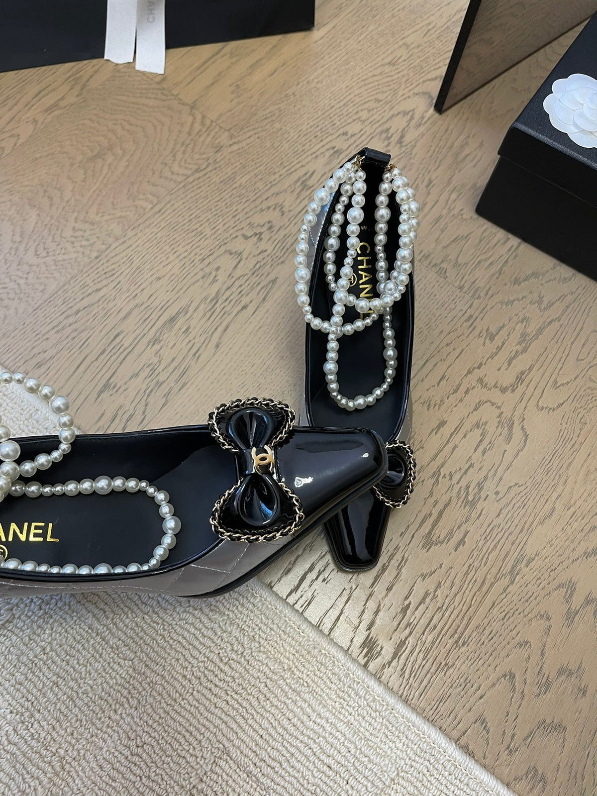 Chanel High Heel 8 cm in Silver Mix Black Calfskin with Pearl Chain