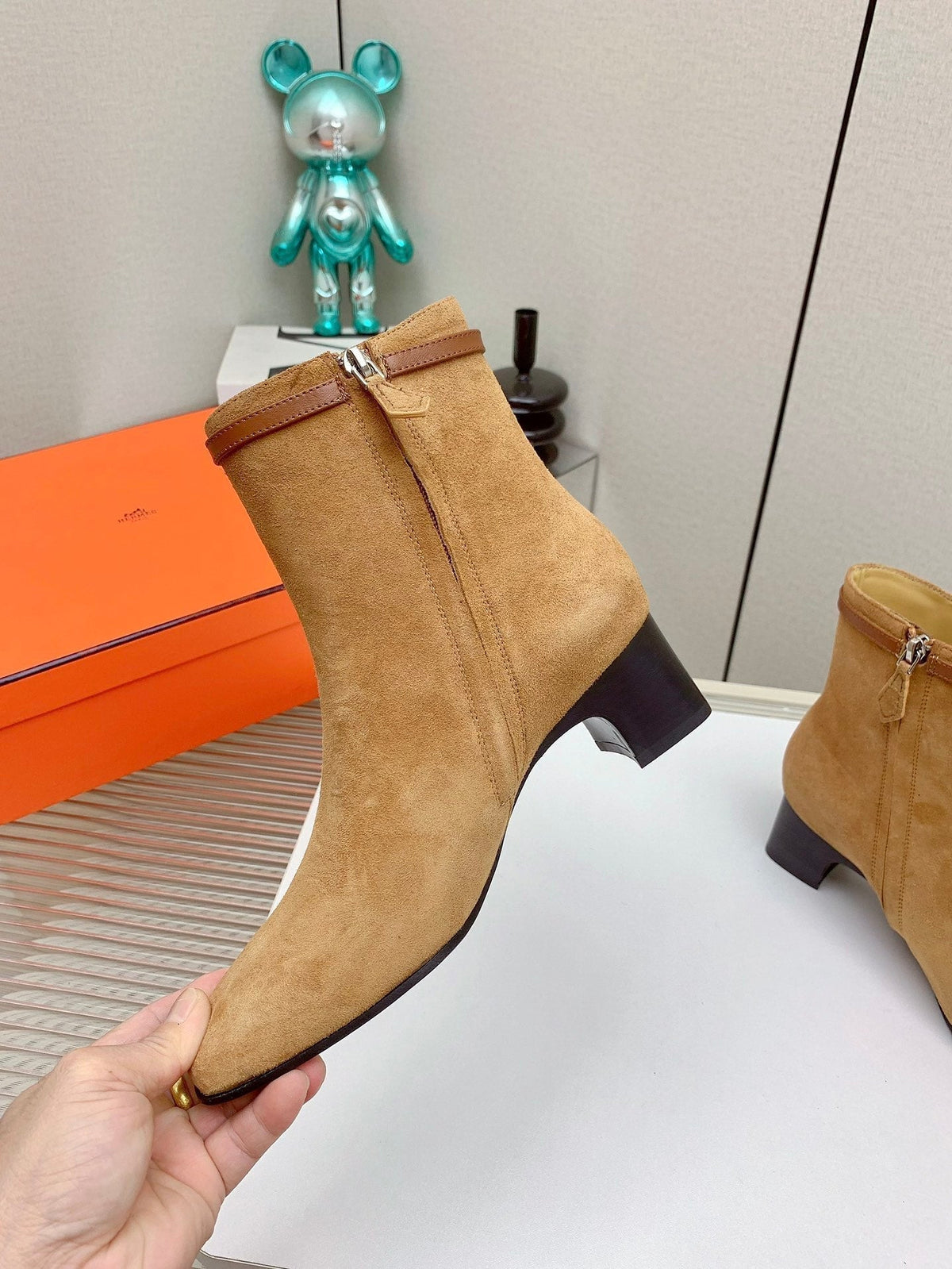 Hermes Women's Neo Ankle Boot in Peanut Brown Suede