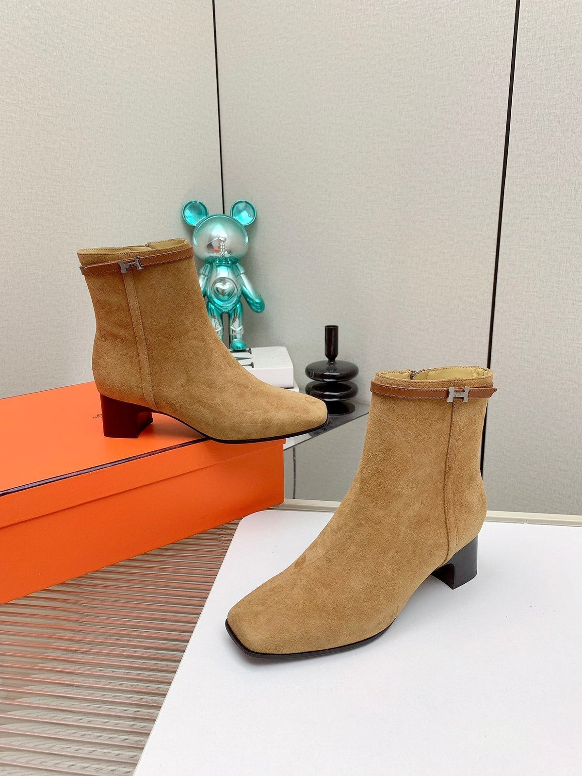 Hermes Women's Neo Ankle Boot in Peanut Brown Suede