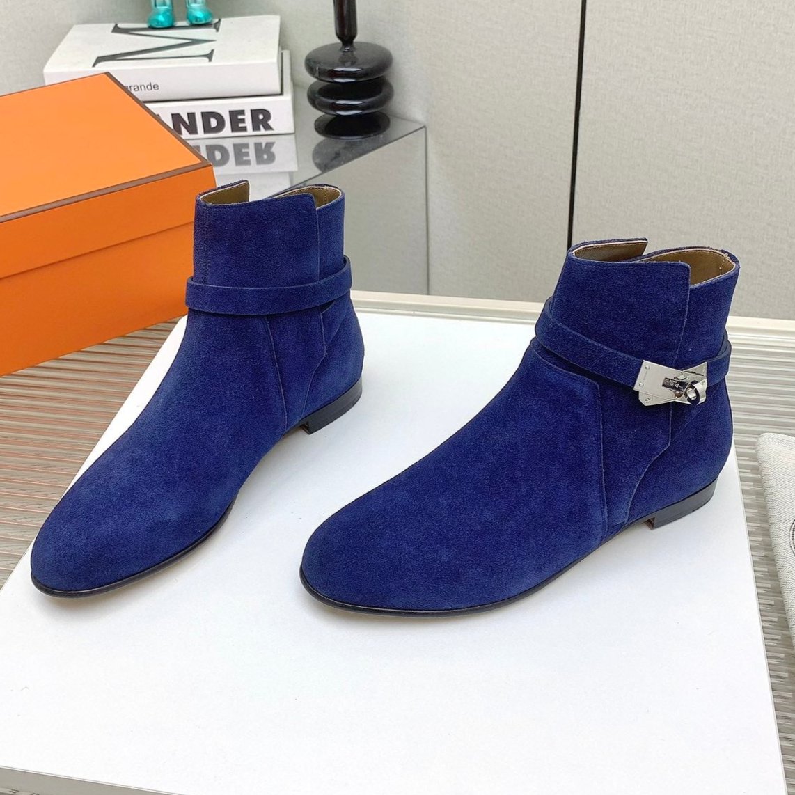 Hermes Women's Neo Ankle Boot in Cobalt Blue Suede