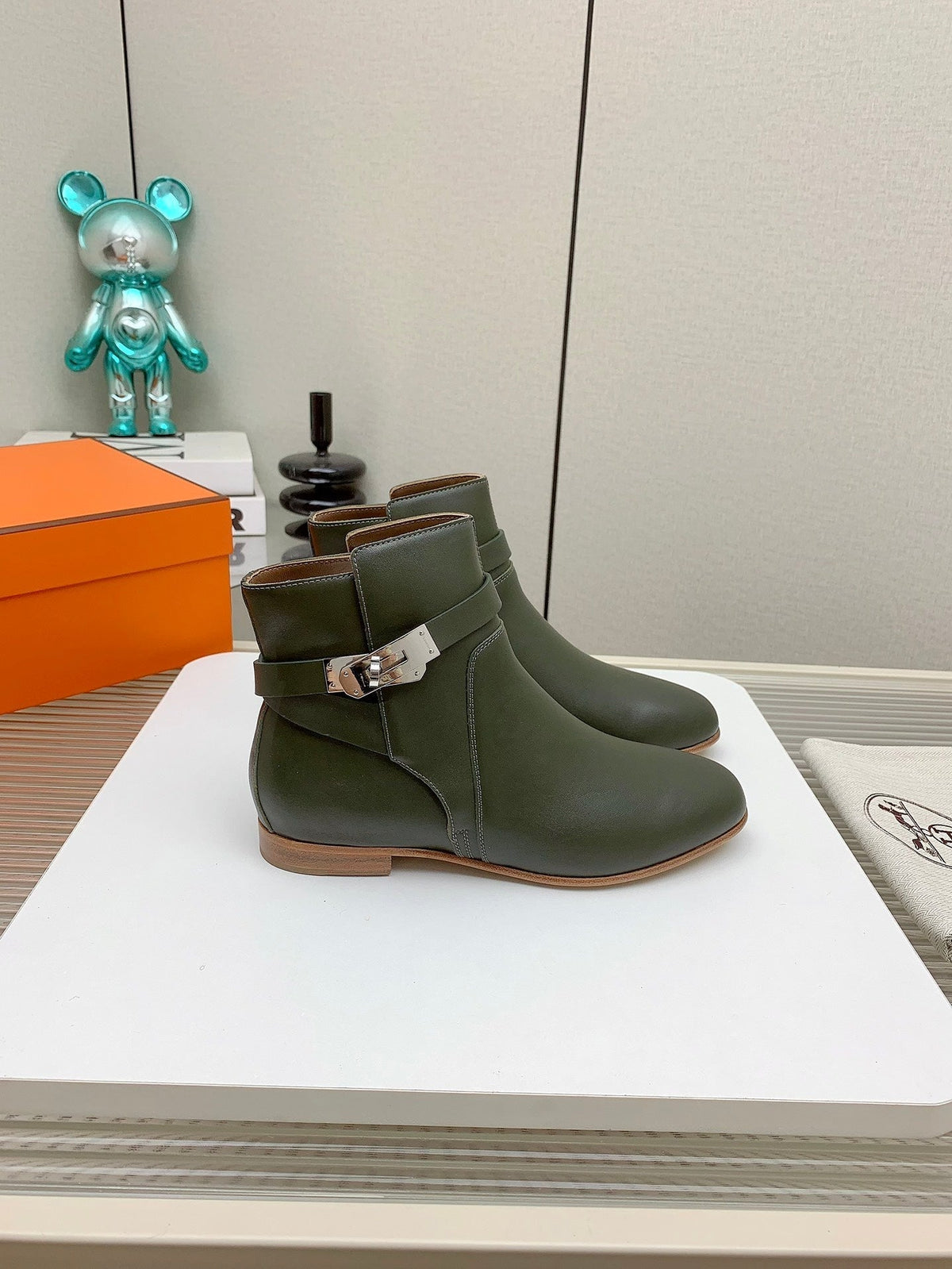 Hermes Women's Neo Ankle Boot in Army Green Calfskin