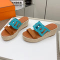 Hermes Ithea 85 mm Espadrille in Bronze Brown and Cerulean Blue Suede