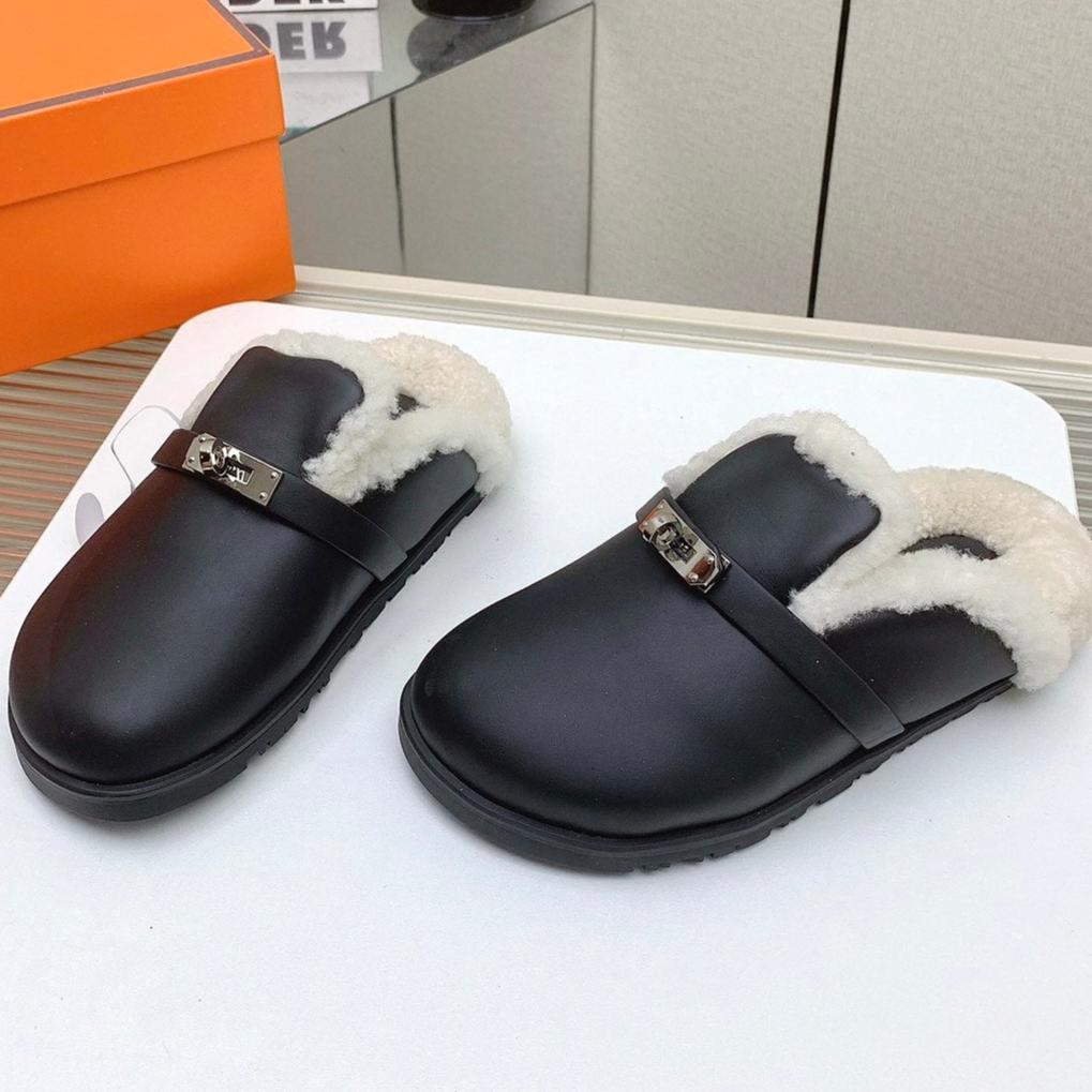 Hermes Slip-On Mule in Black Calfskin and Shearling Lining