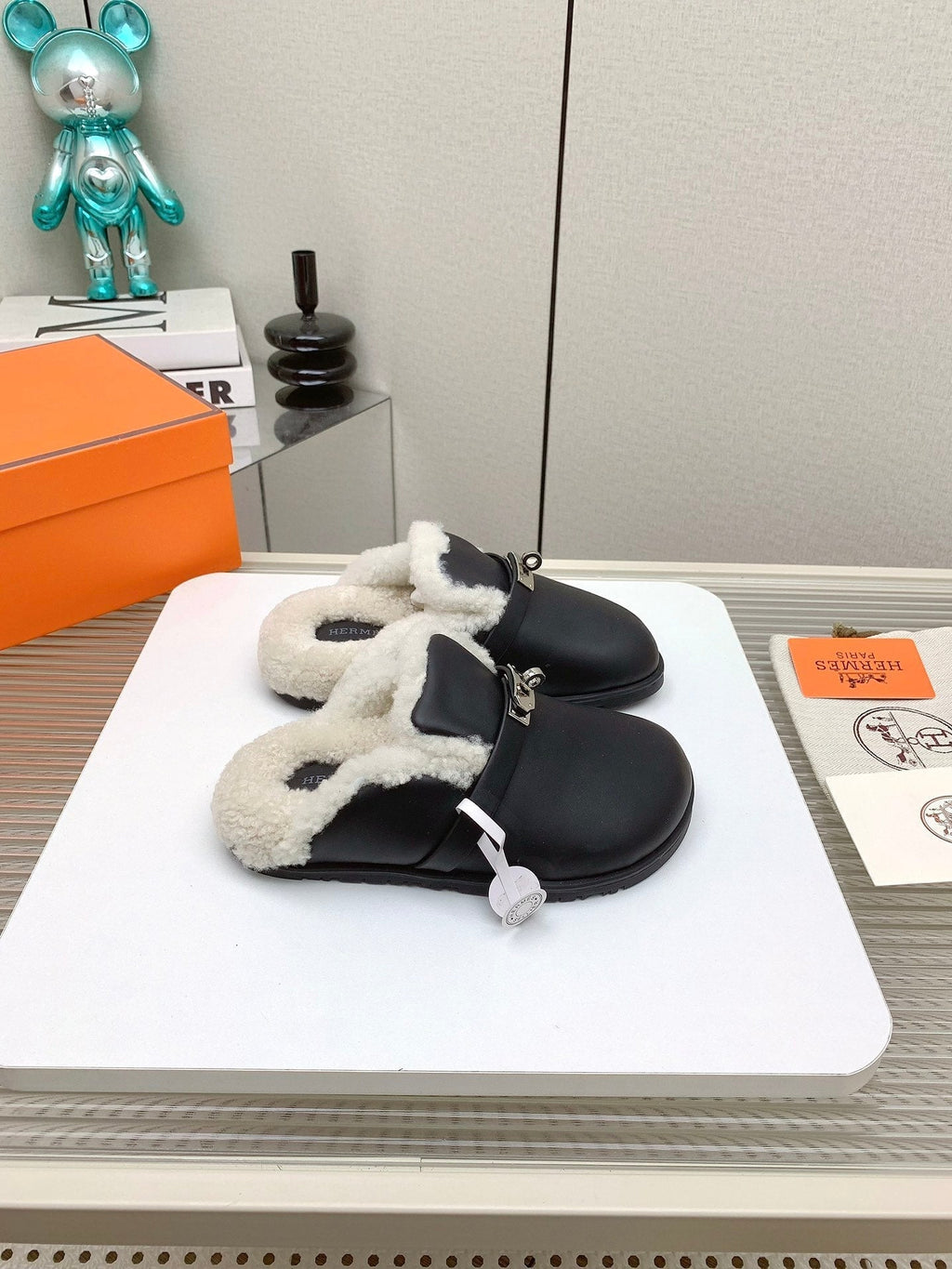 Hermes Slip-On Mule in Black Calfskin and Shearling Lining