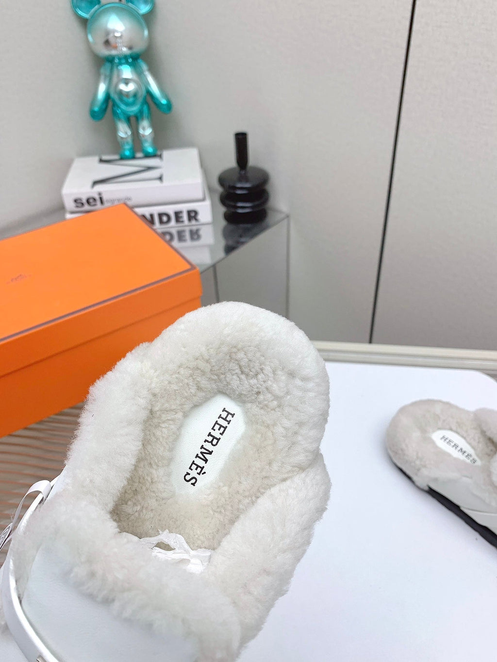 Hermes Slip-On Mule in White Calfskin and Shearling Lining