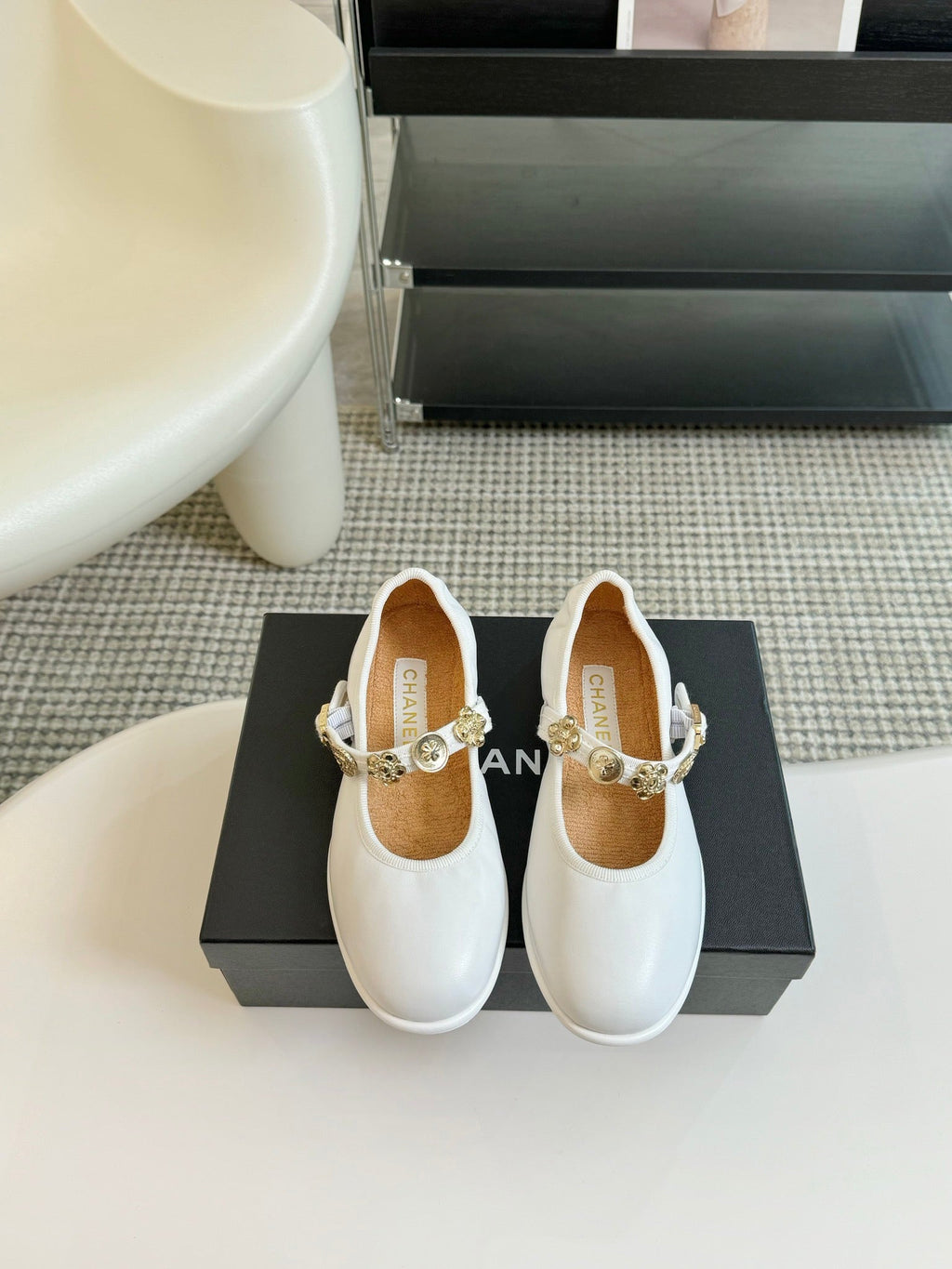 Chanel Mary Jane Shoes White Sheepskin