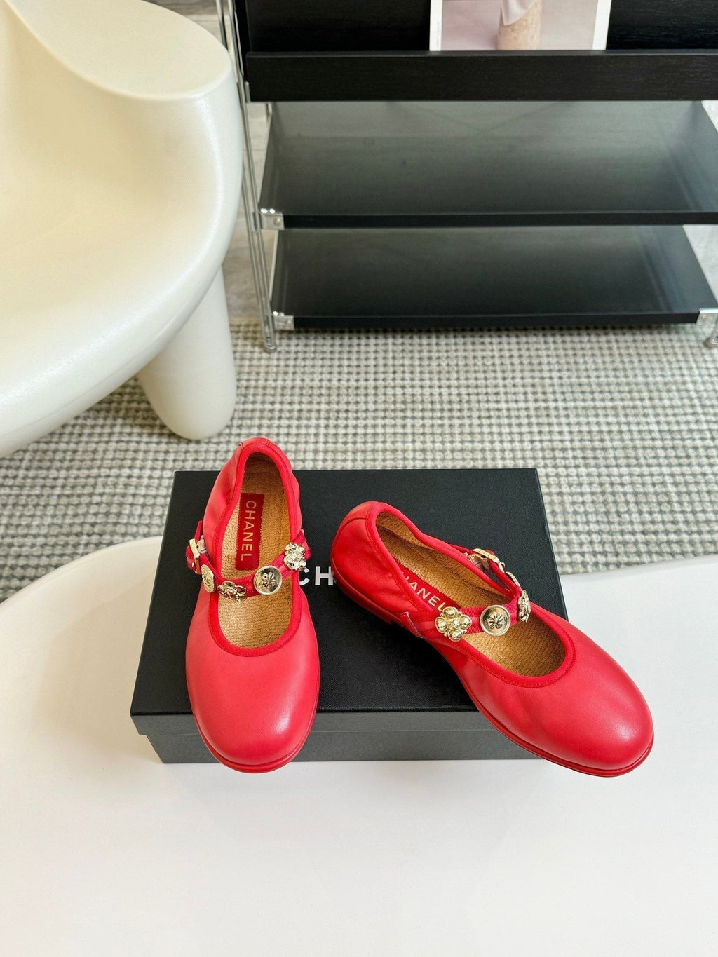 Chanel Mary Jane Shoes Rose Red Sheepskin