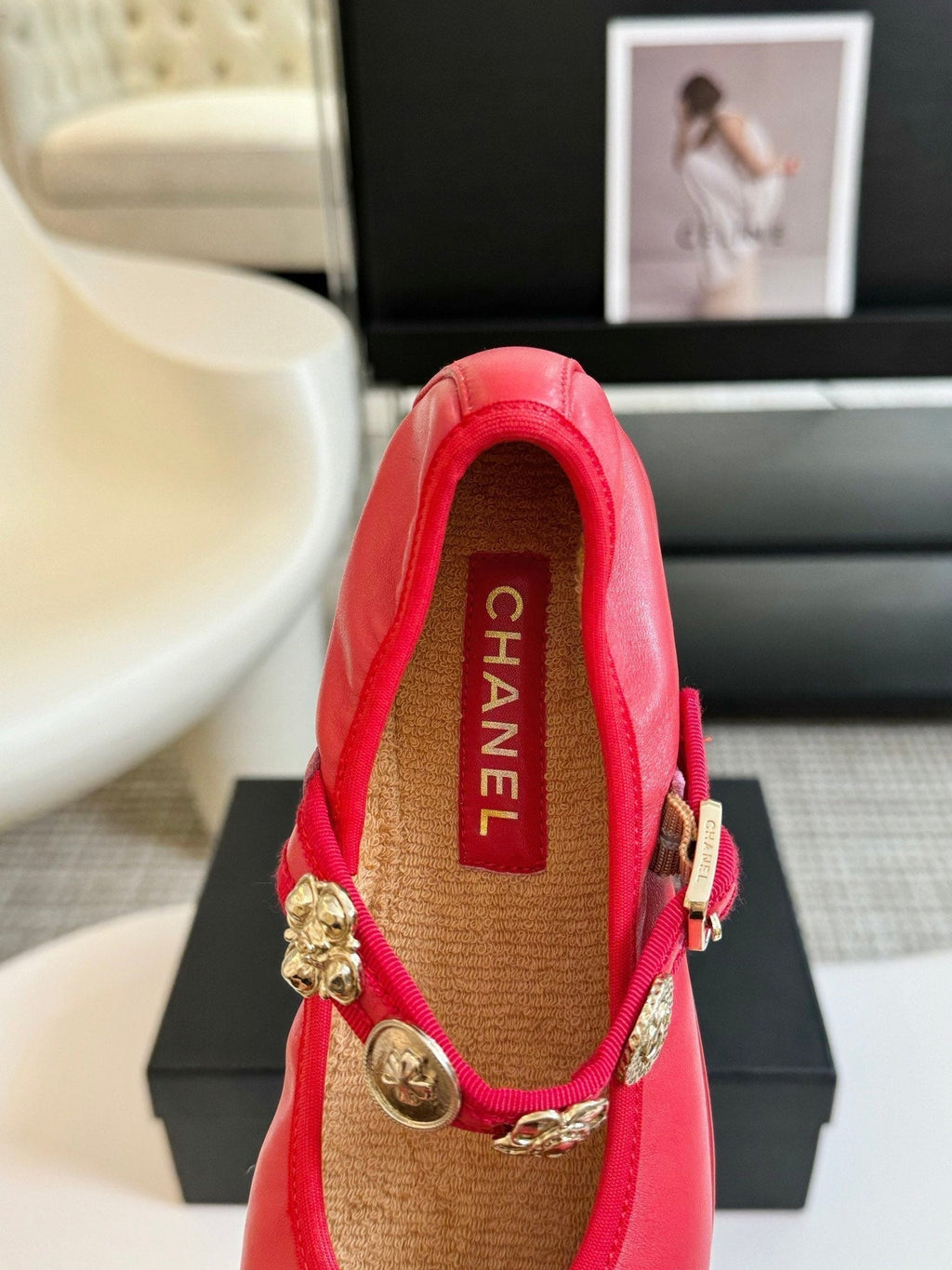 Chanel Mary Jane Shoes Rose Red Sheepskin