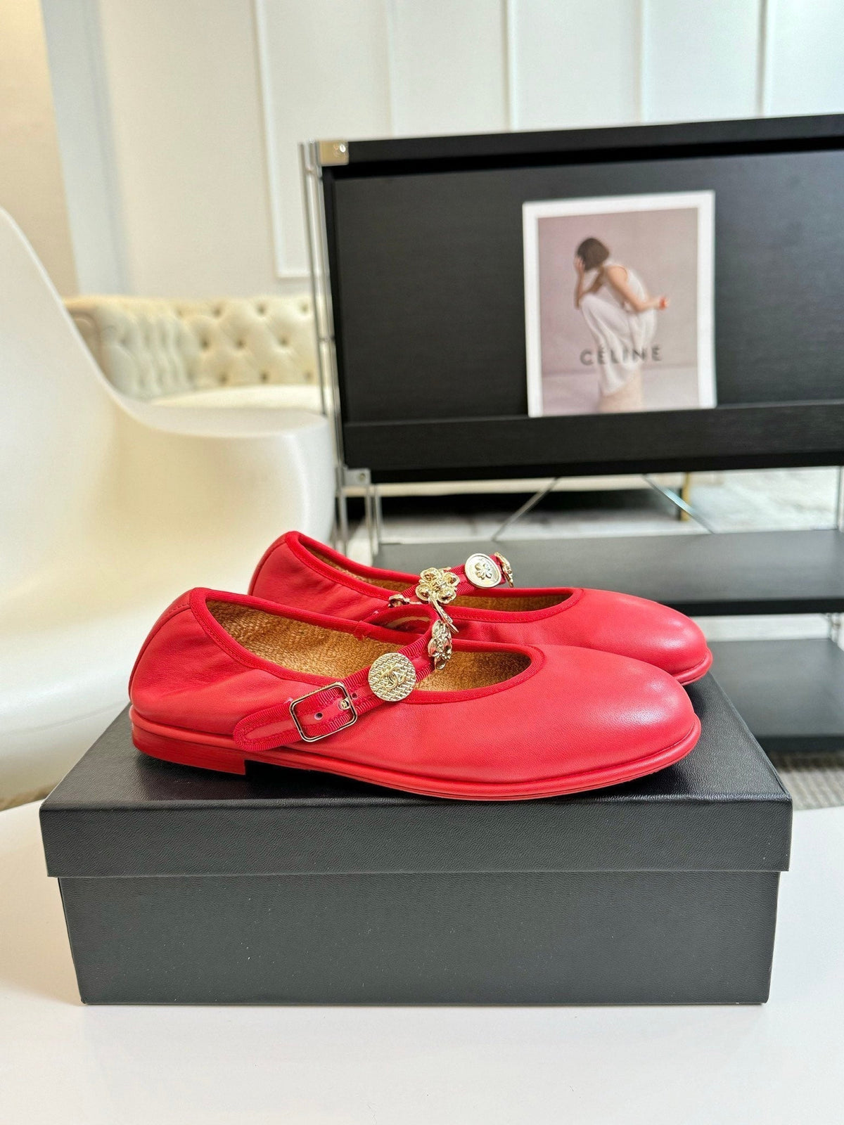 Chanel Mary Jane Shoes Rose Red Sheepskin