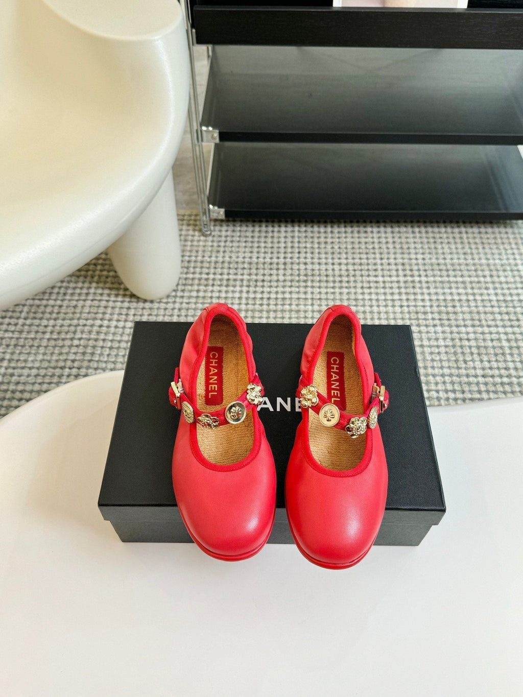 Chanel Mary Jane Shoes Rose Red Sheepskin
