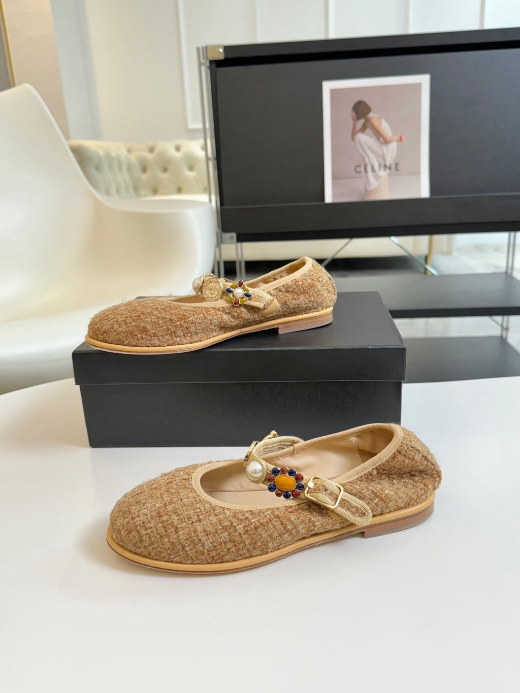 Chanel Mary Jane Shoes Granola Yellow Wool Tweed