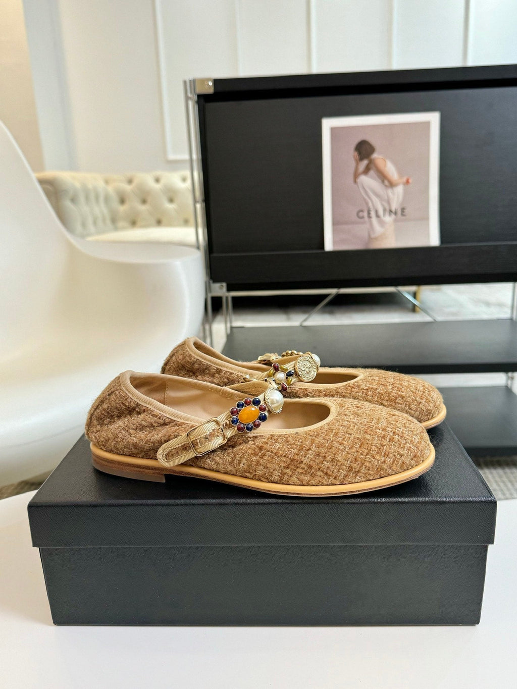 Chanel Mary Jane Shoes Granola Yellow Wool Tweed