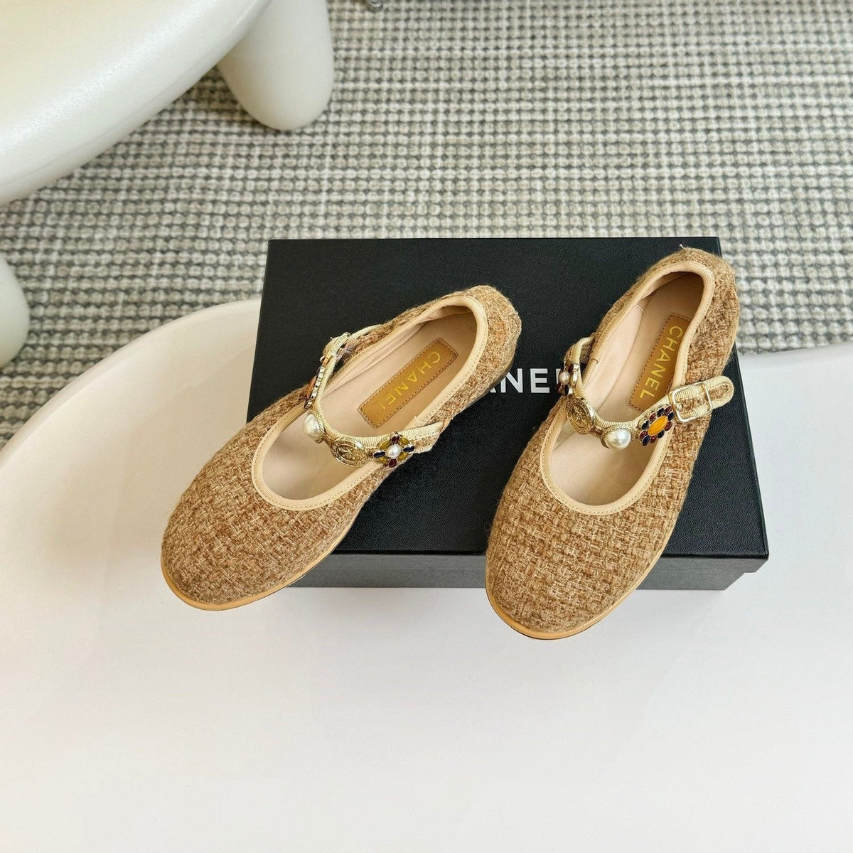 Chanel Mary Jane Shoes Granola Yellow Wool Tweed