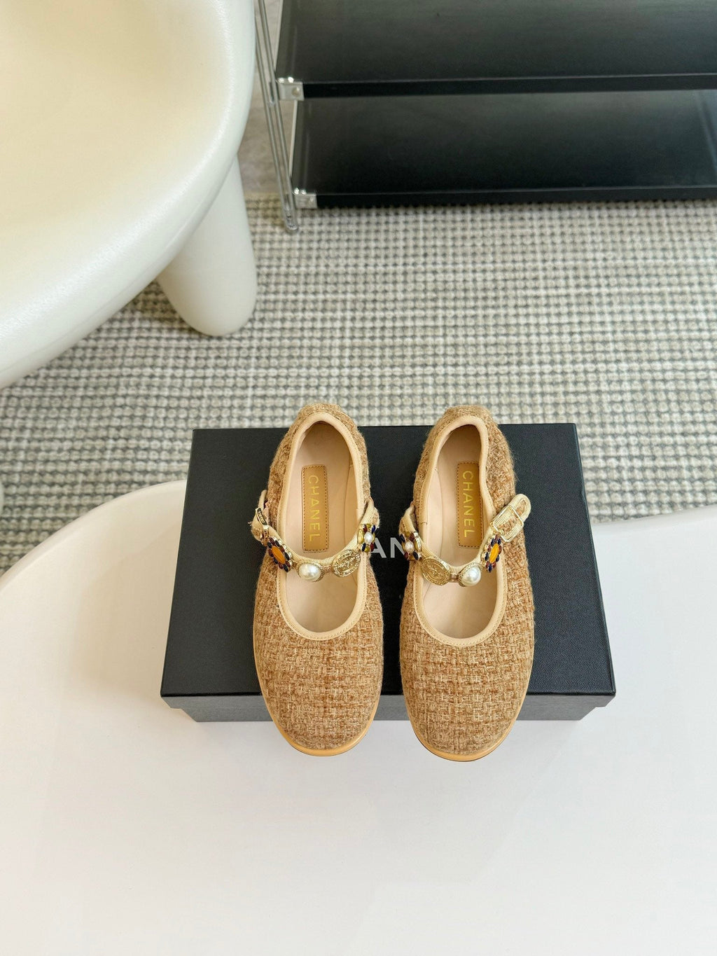Chanel Mary Jane Shoes Granola Yellow Wool Tweed