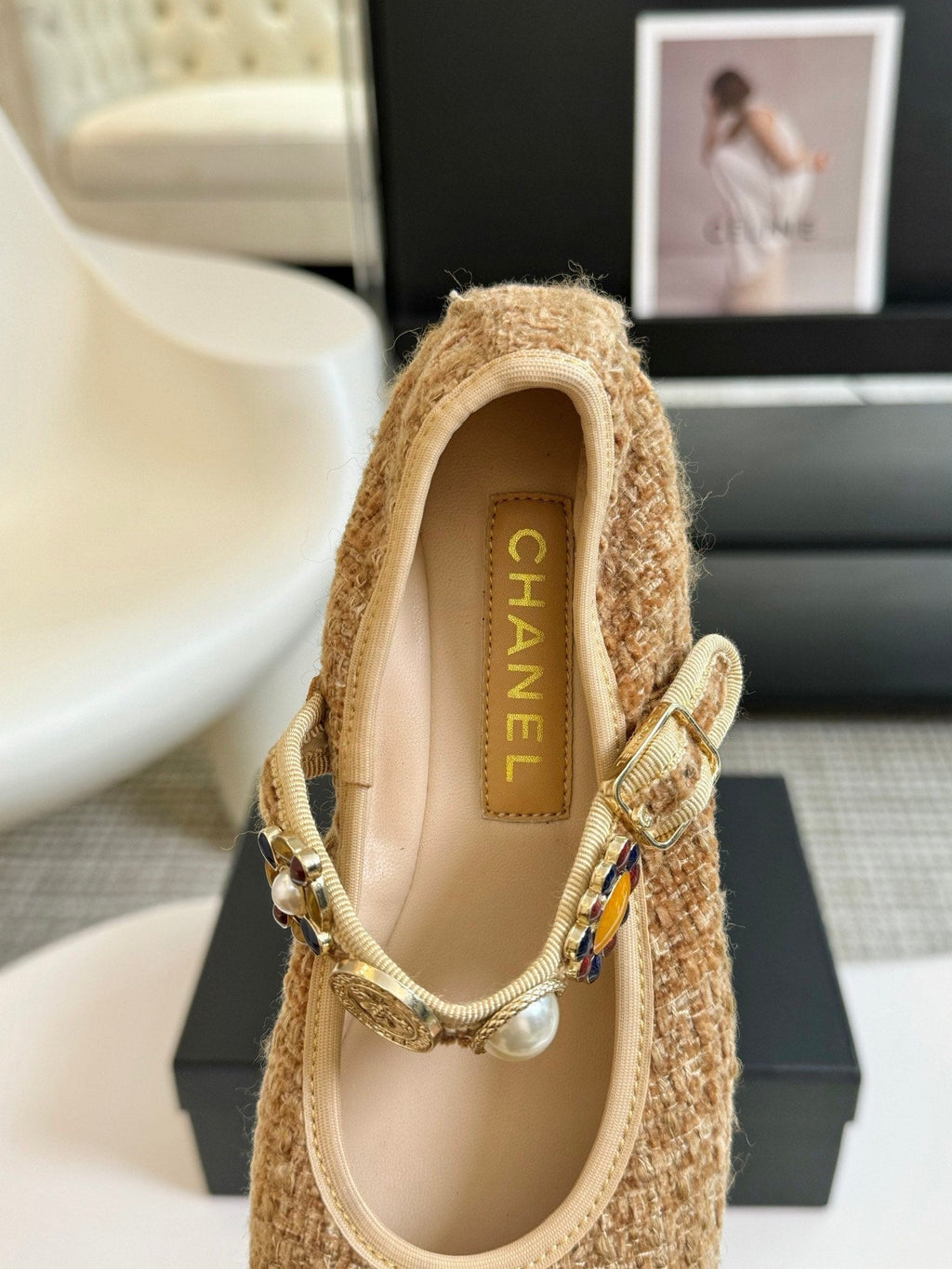 Chanel Mary Jane Shoes Granola Yellow Wool Tweed