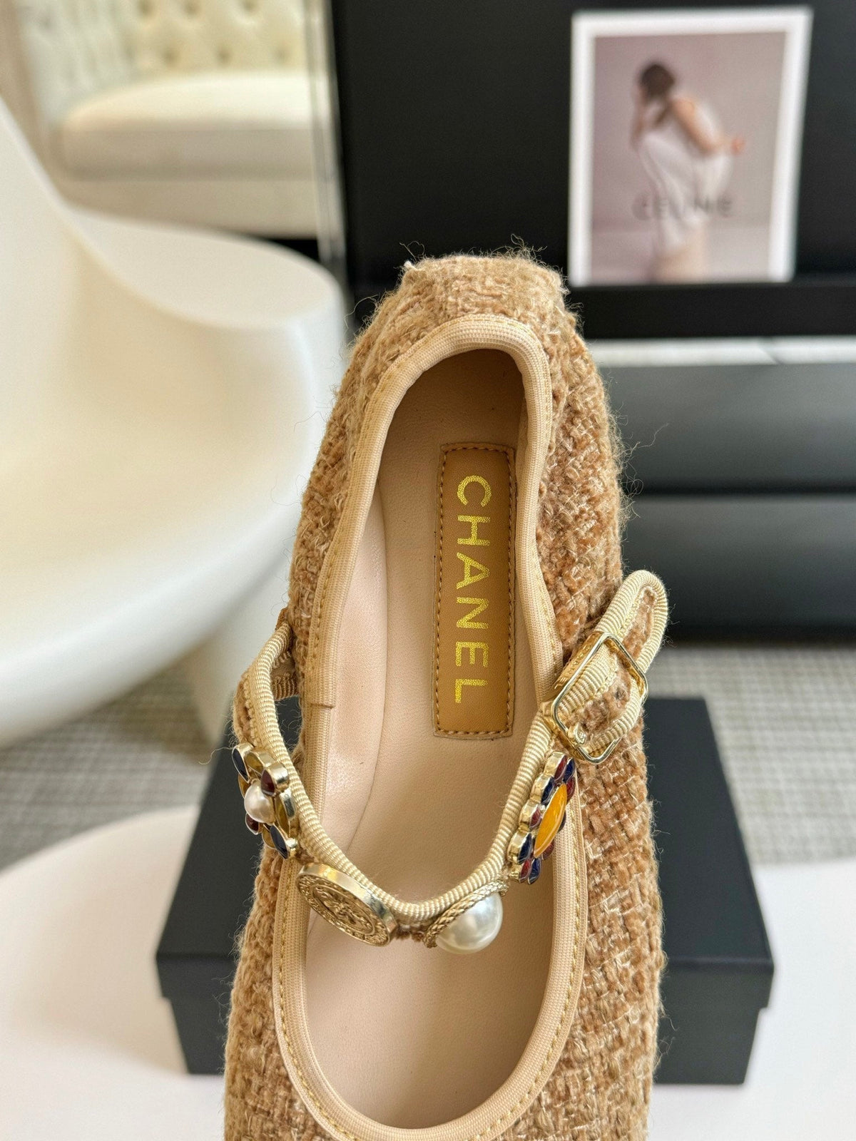 Chanel Mary Jane Shoes Granola Yellow Wool Tweed