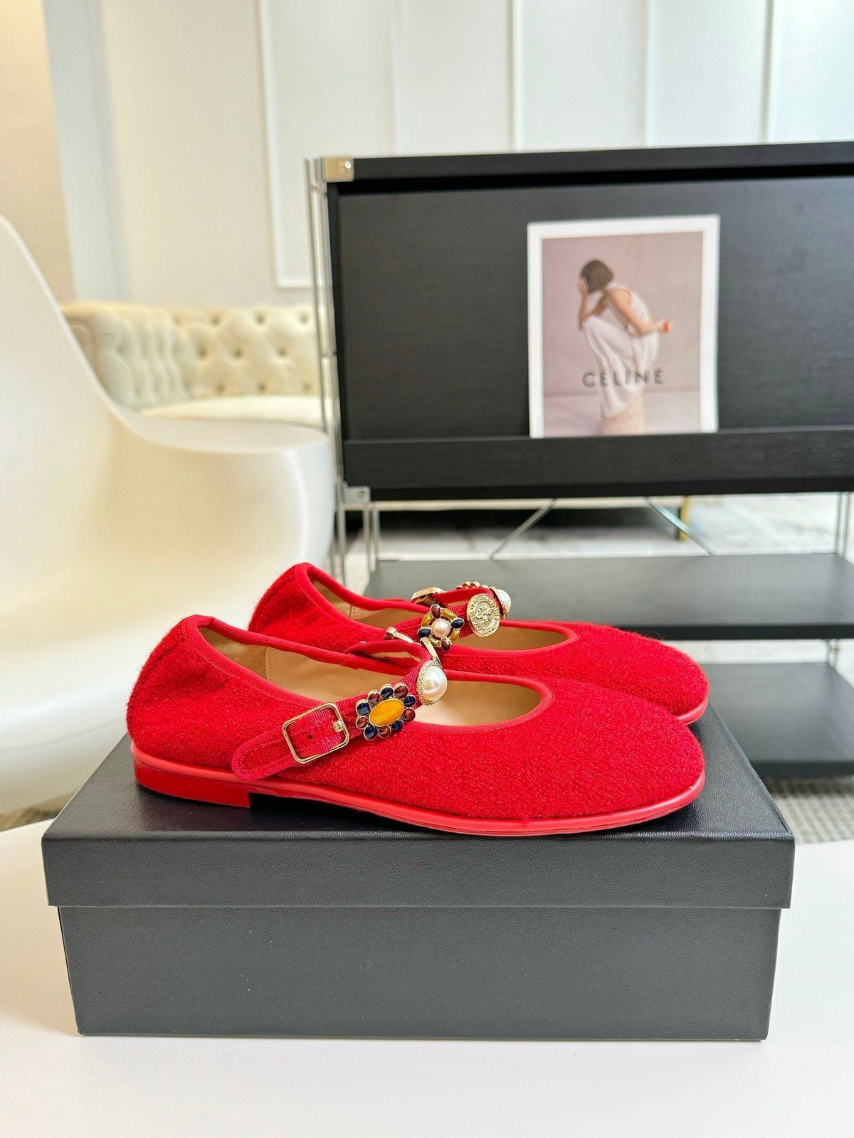 Chanel Mary Jane Shoes Cherry Red Wool Tweed